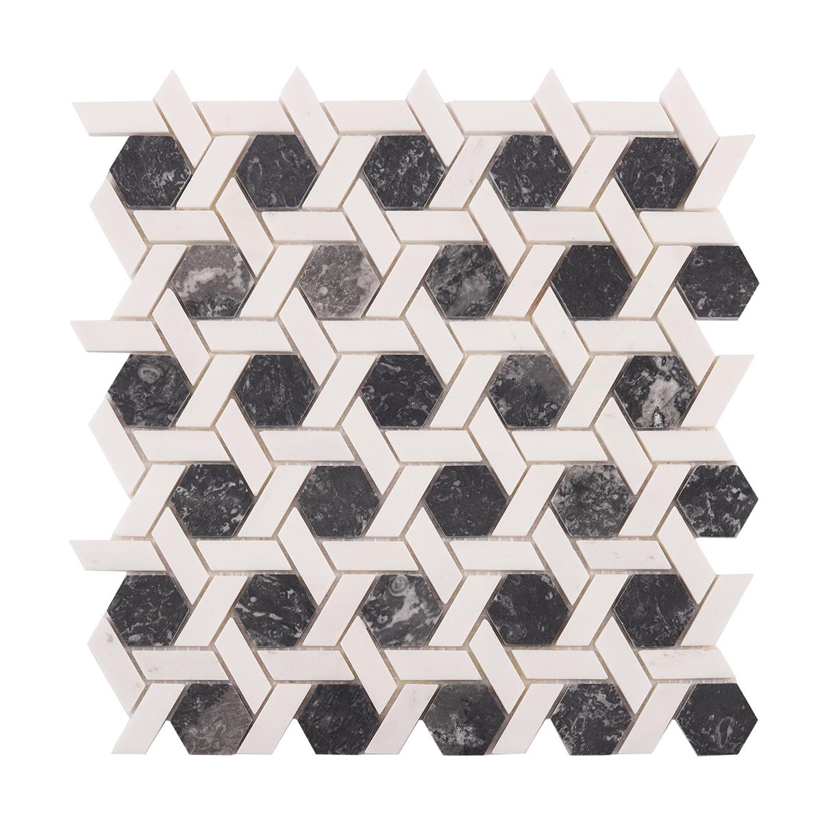 Gray and White Hexagonal Lattice Marble Tiles — mosaic lục giác bằng đá marble trắng & xám