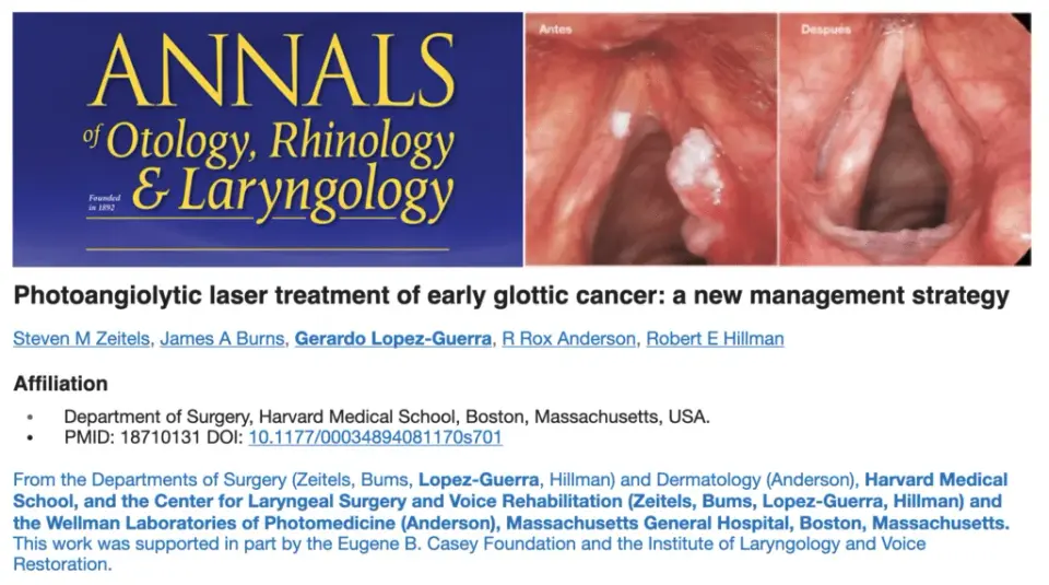 “Tratamiento Fotoangiolítico del Cáncer Temprano de Laringe: Una nueva modalidad de tratamiento”, realizado en el Massachusetts General Hospital en Boston, MA, EE.UU., fue publicado en la revista Annals of Otology, Rhinology and Laryngology y cambió la manera tratar el Cáncer de Laringe.