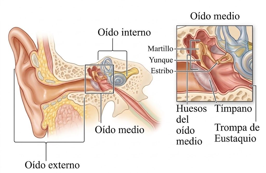 Diagrama anatómico del oído externo, medio e interno