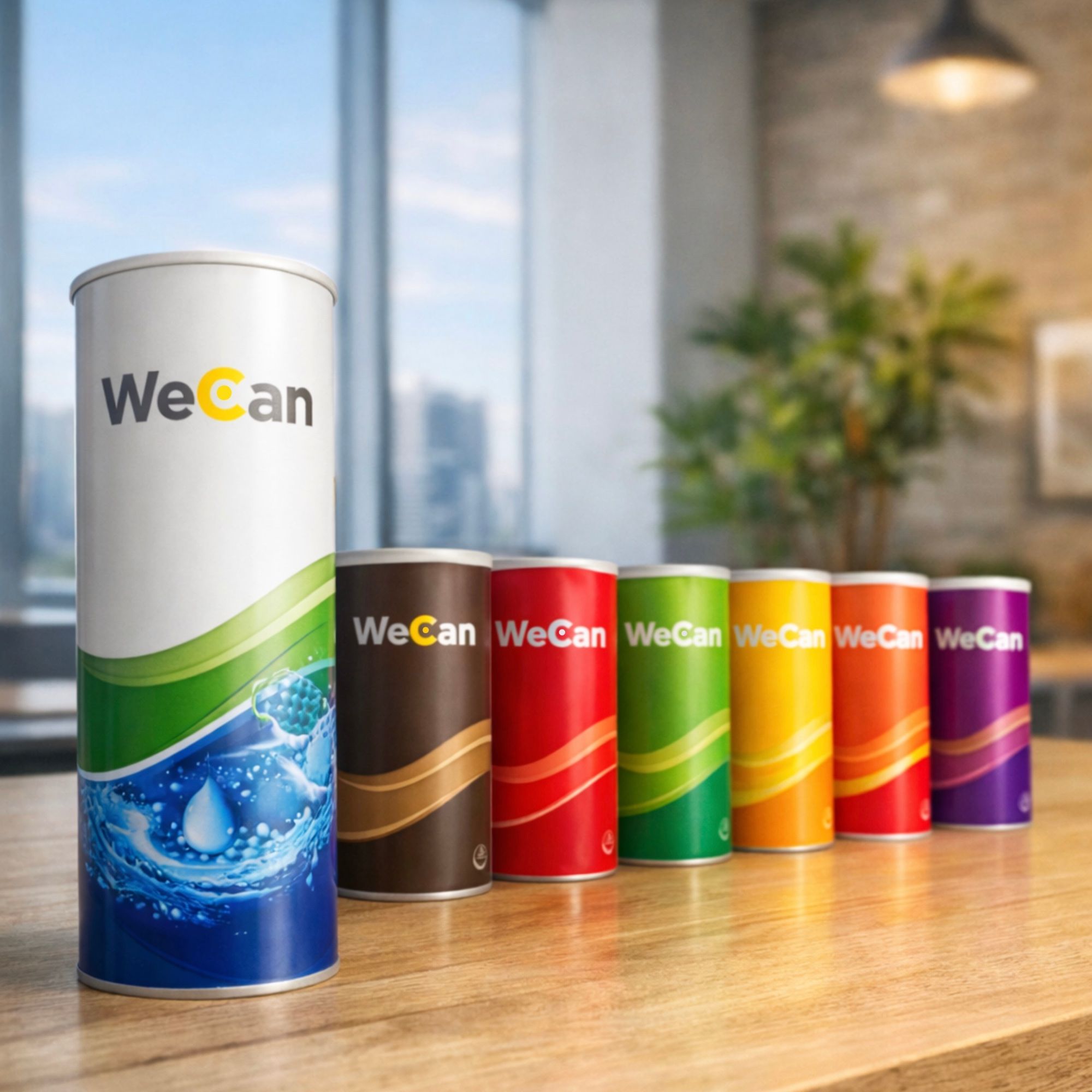 Range of printed composite paper cans in different colours