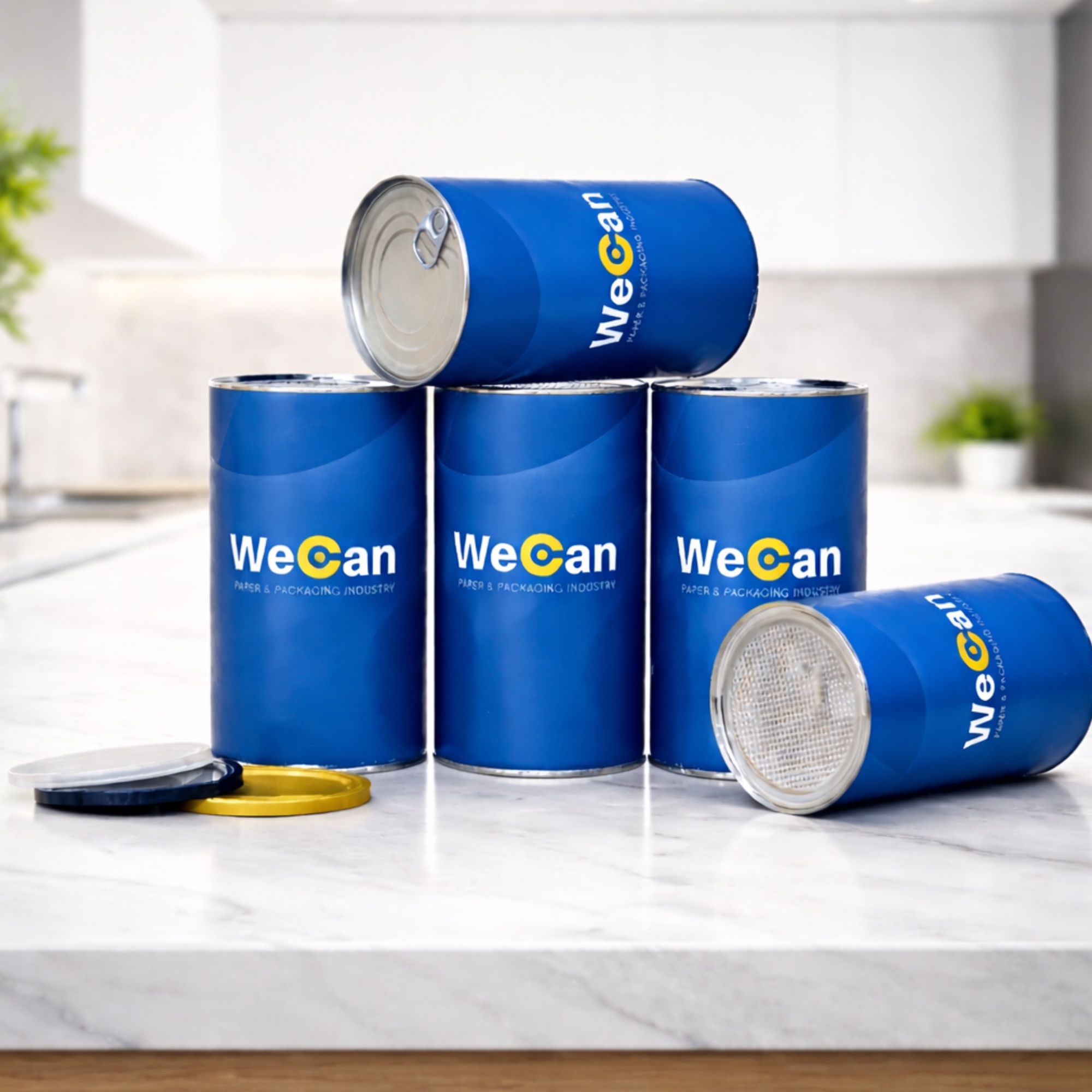 Blue composite paper cans with metal ends and lids