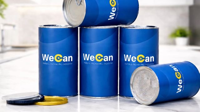 Blue composite paper cans with metal ends and lids