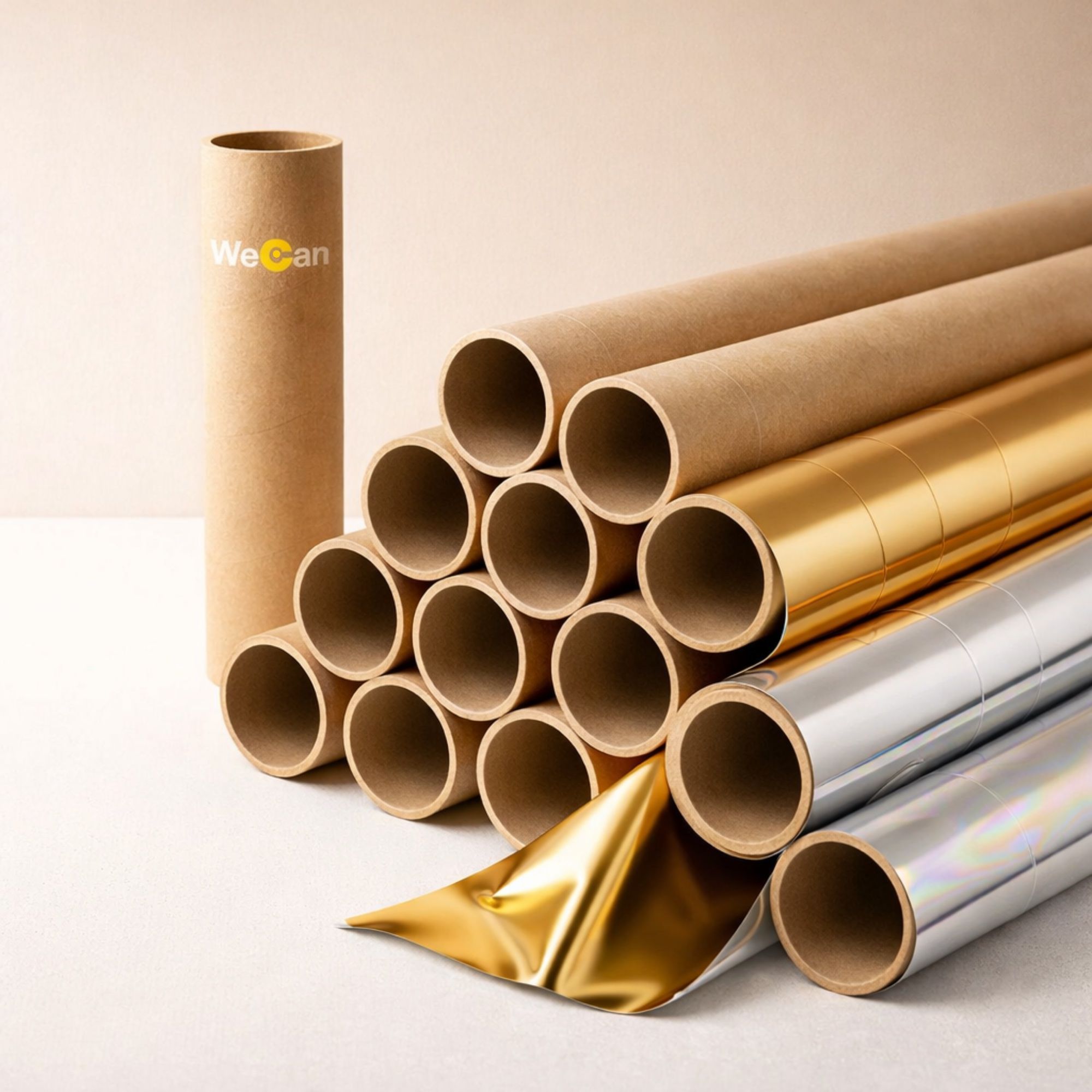 Stack of kraft paper cores beside rolls of gold and silver foil