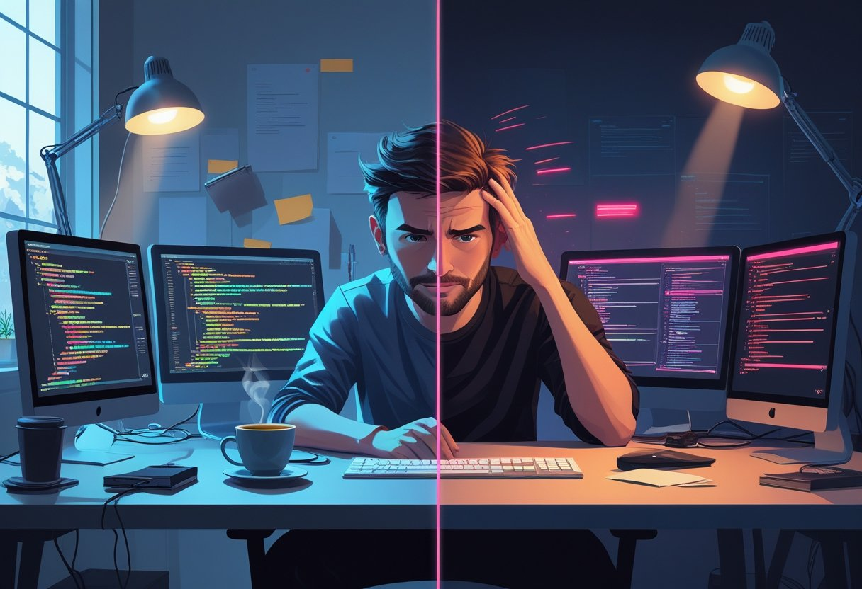 A split scene showing a programmer calmly coding at a tidy desk on one side and the same programmer looking frustrated while debugging at a messy desk on the other side.
