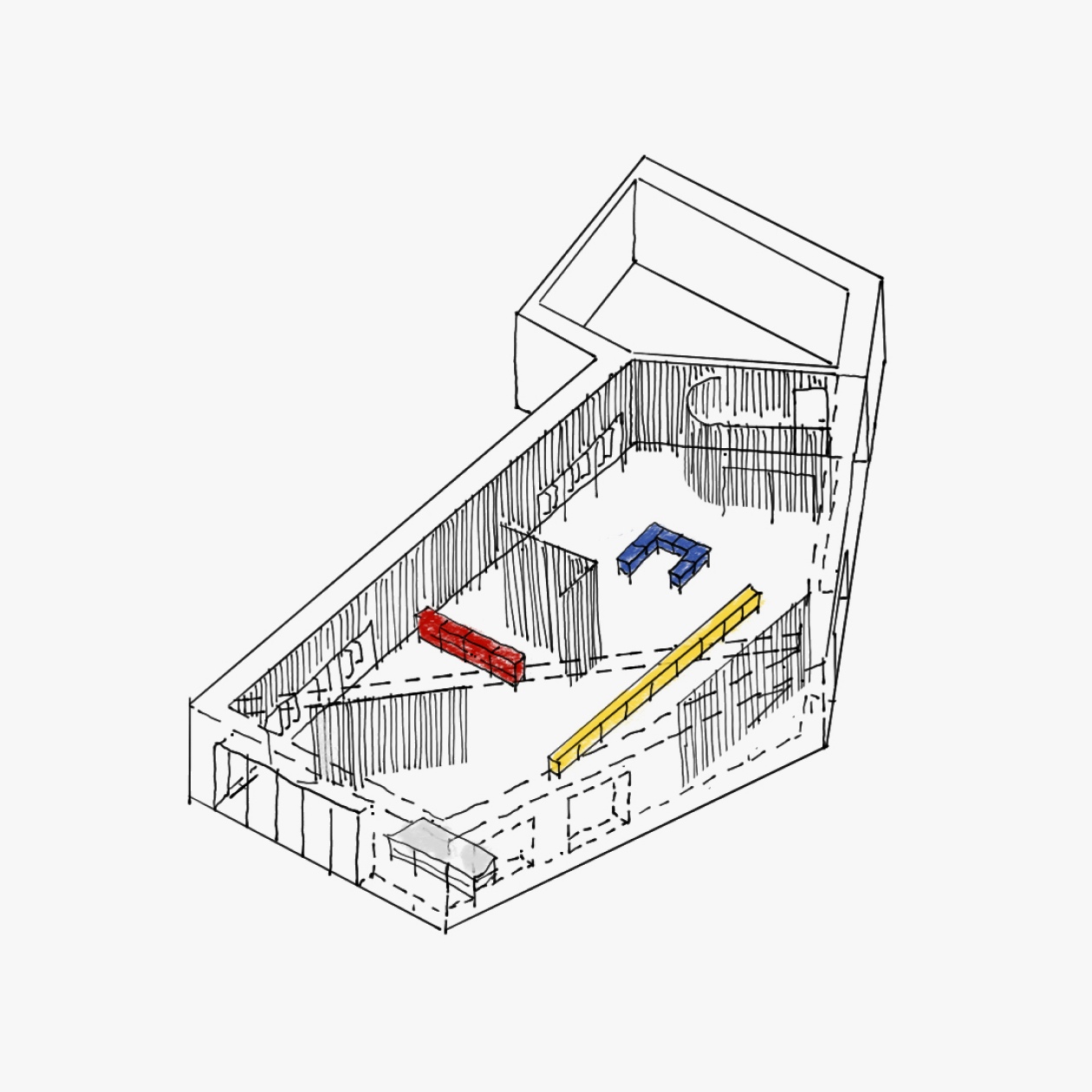 a black and white drawing of a room with red , blue and yellow furniture .