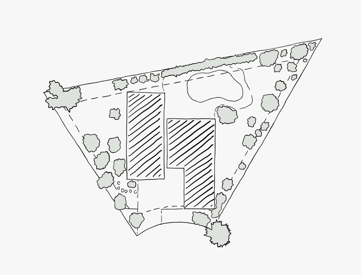 a black and white drawing of a house with two bedrooms and a pool .