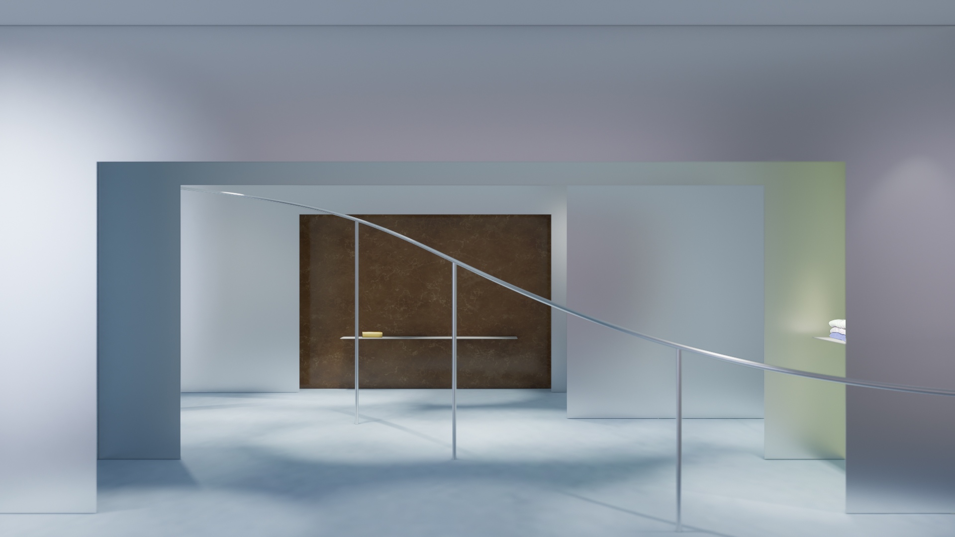 Modern minimalist interior with a curving silver railing, an arched entrance, and rooms featuring brown and light green walls.