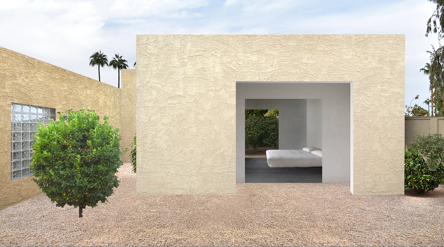 an artist 's impression of a bedroom in a small house .