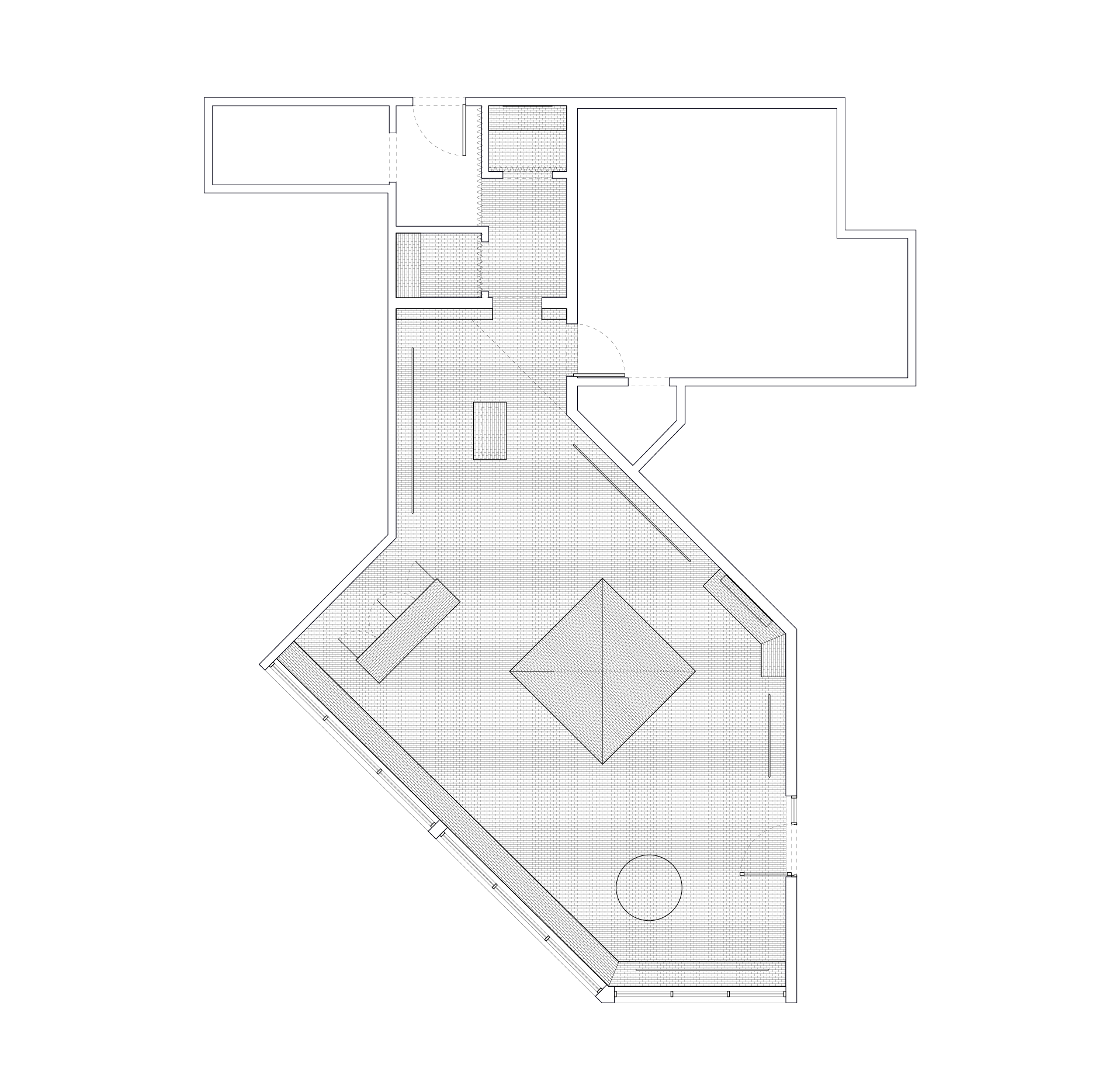 Architectural floor plan with an irregular shape, showing shaded rooms and outlines of furniture like a sofa, tables, and a central diamond. Plan of Madhappy Store in Colorado.