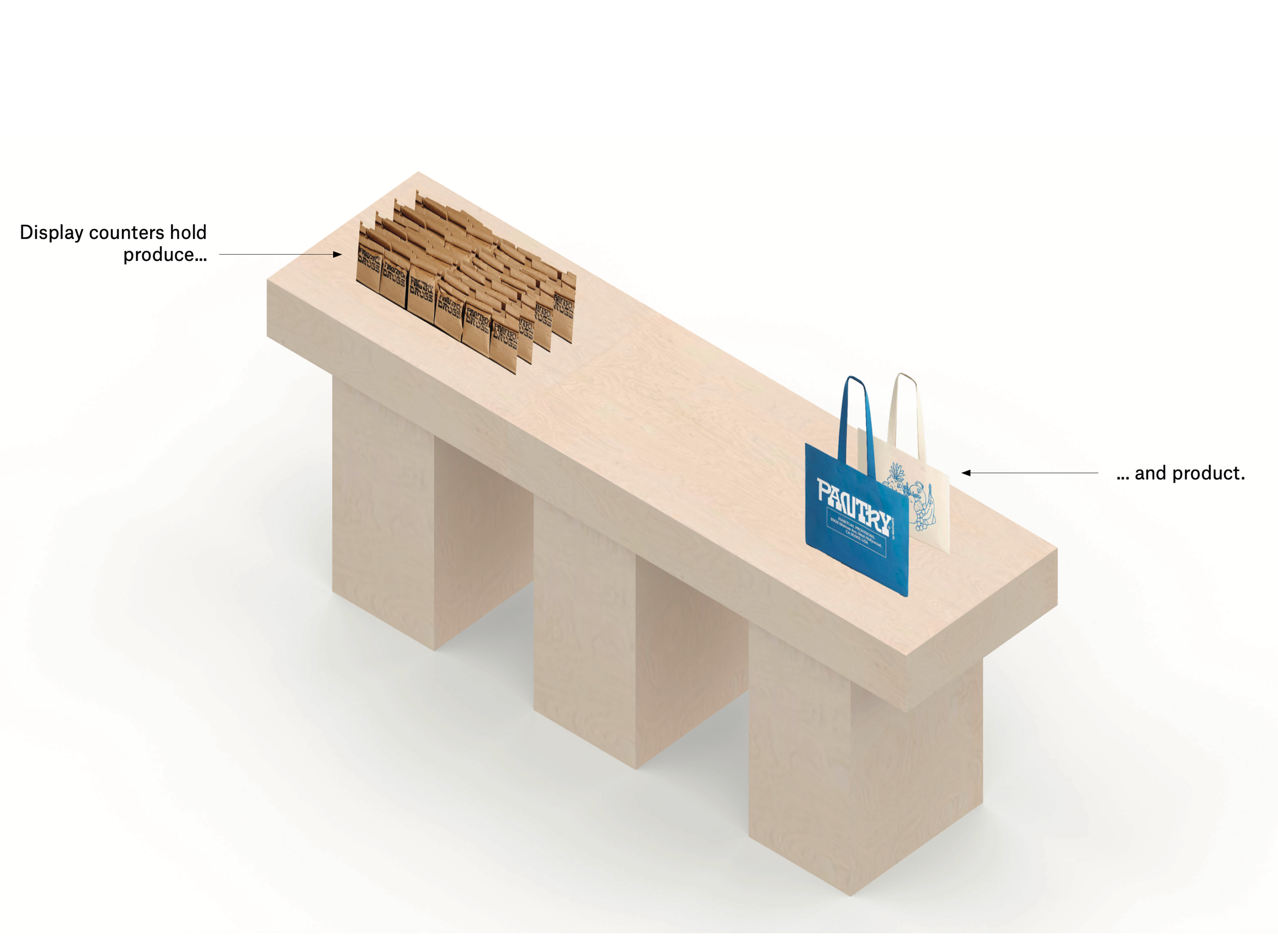 A light wooden display counter showing brown boxes of produce on one end and two tote bags labeled 'product' on the other.