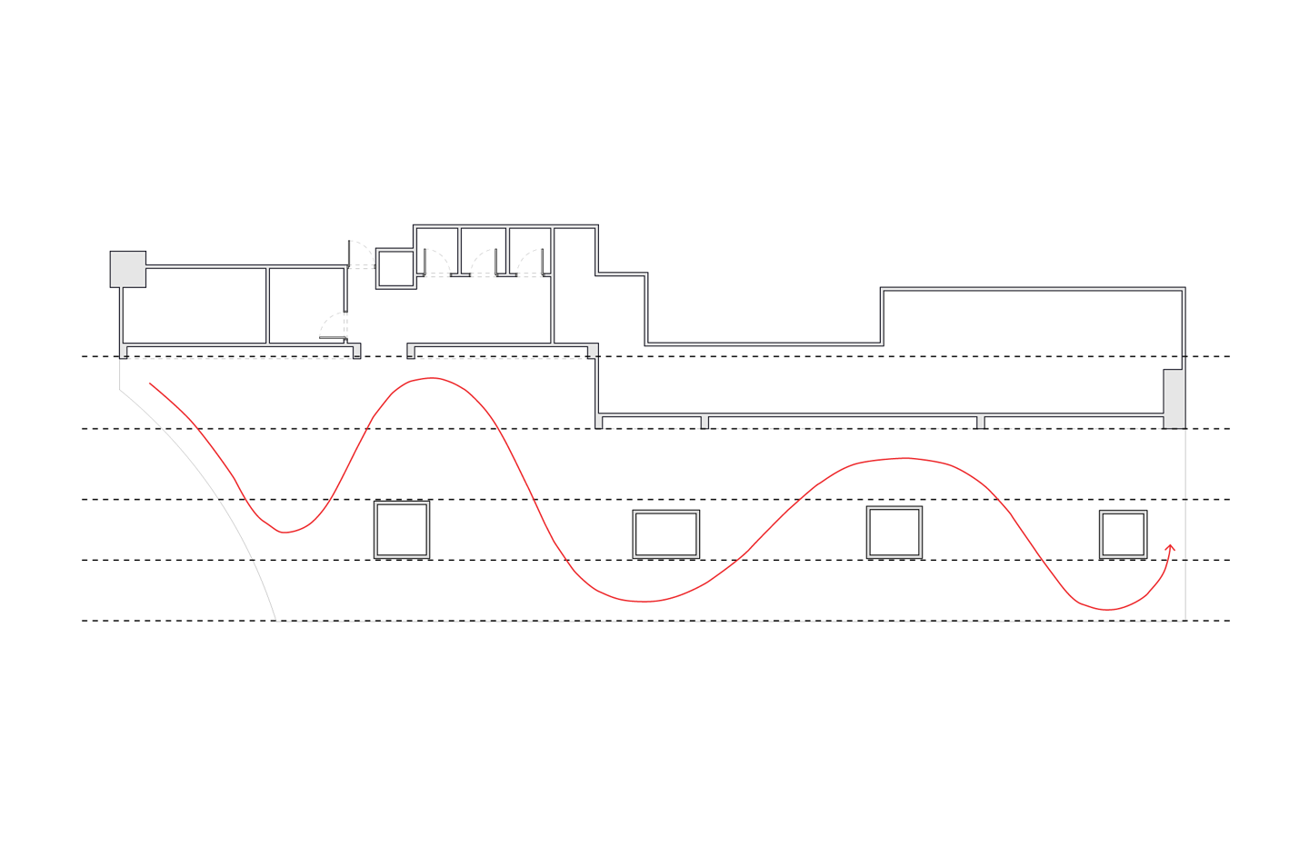 Architectural diagram showing a building floor plan above a red wavy line path that weaves between four square outlines.