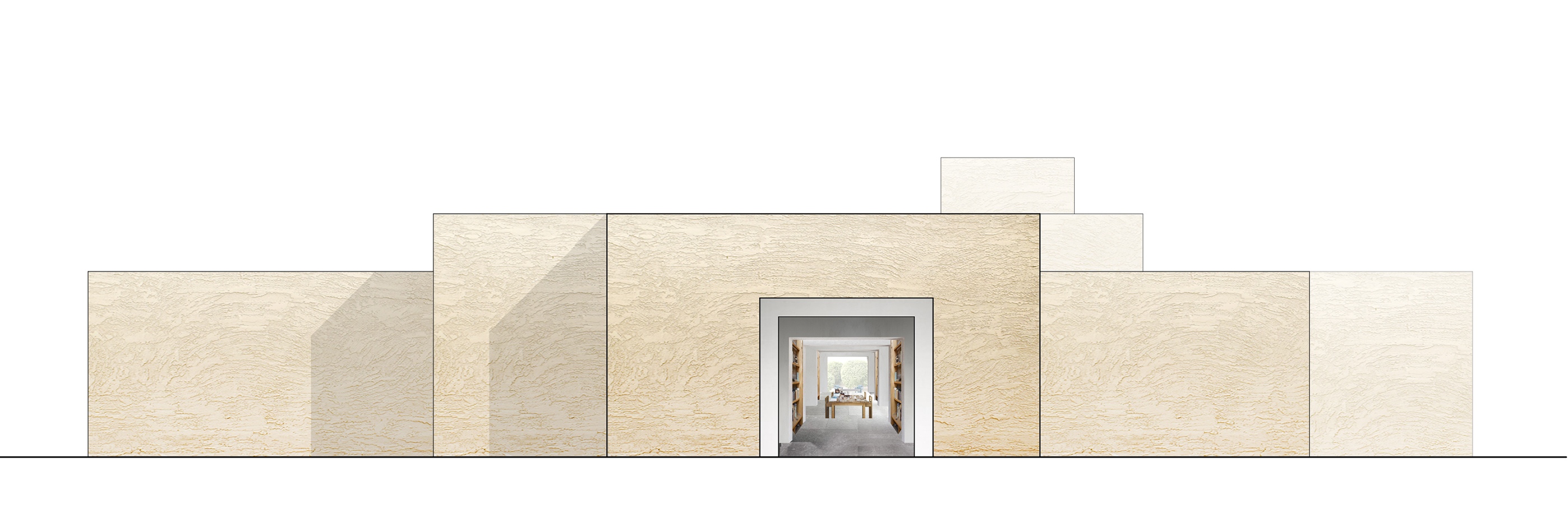 a drawing of a building with a doorway leading to a room .