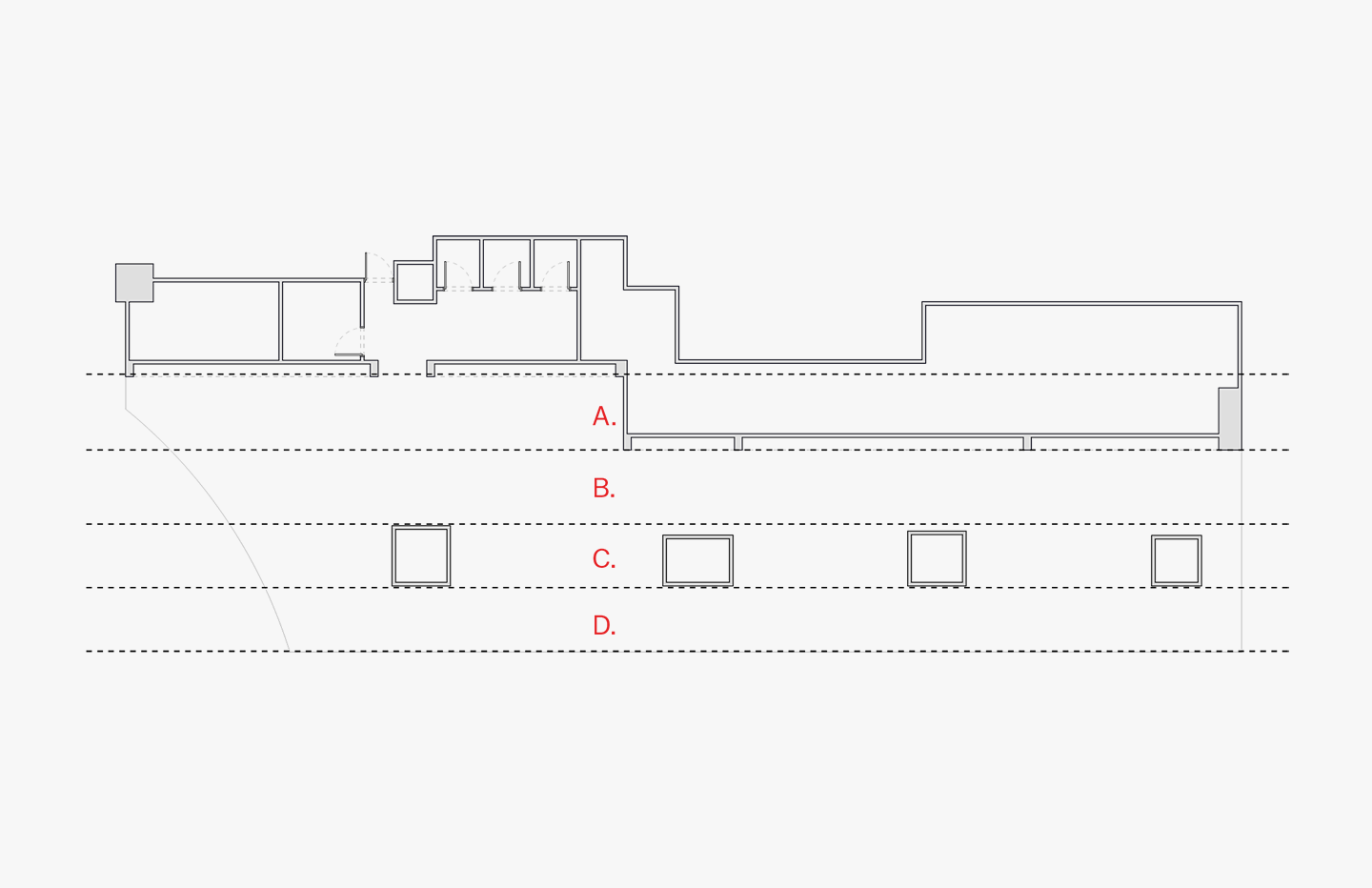 Architectural plan showing a building layout with rooms, horizontal dashed lines, labels A, B, C, D, and four square outlines.