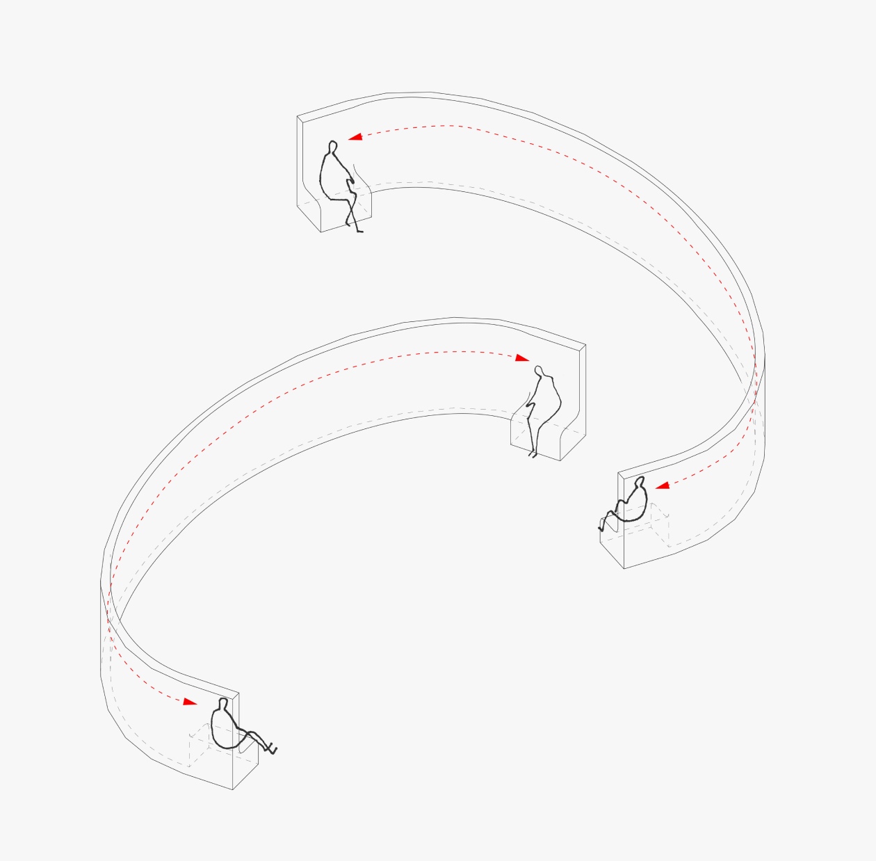 a line drawing of people sitting on a curved wall .