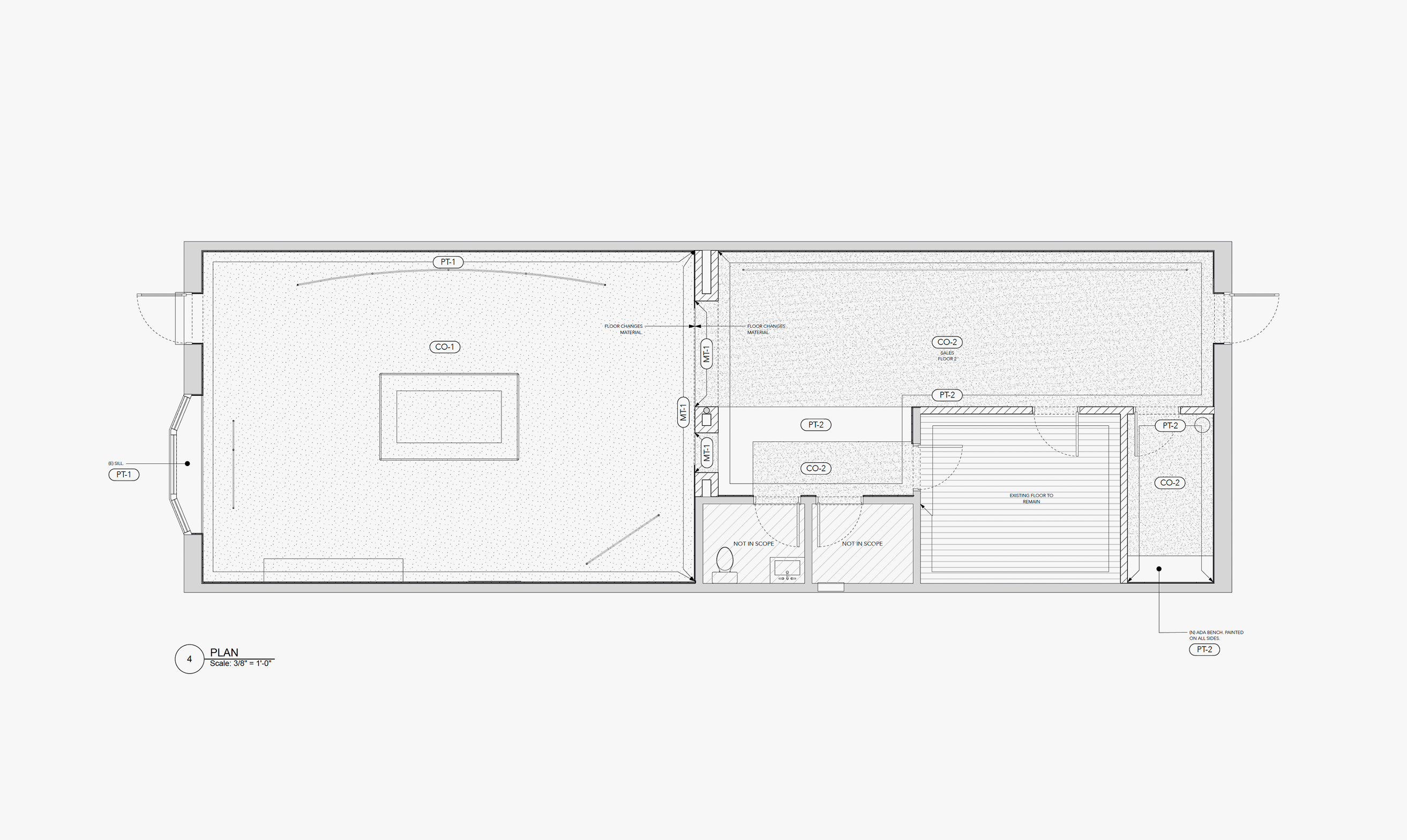 Grayscale architectural floor plan of a long, rectangular building with a gallery/studio, lounge, restrooms, mechanical storage, and a swimming pool.