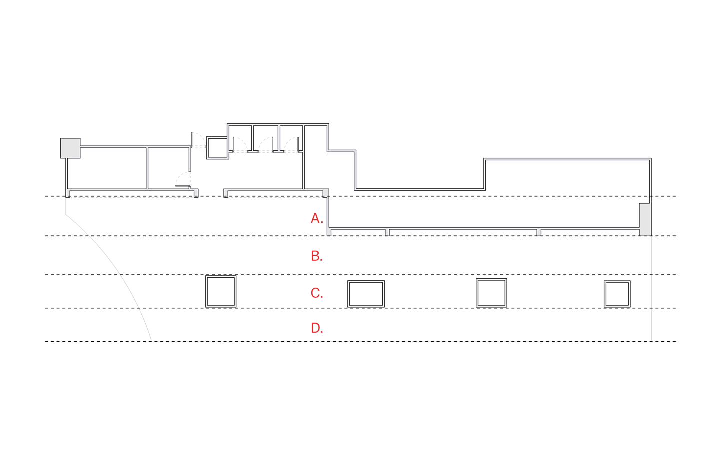 Architectural plan showing a building layout with rooms, horizontal dashed lines, labels A, B, C, D, and four square outlines.