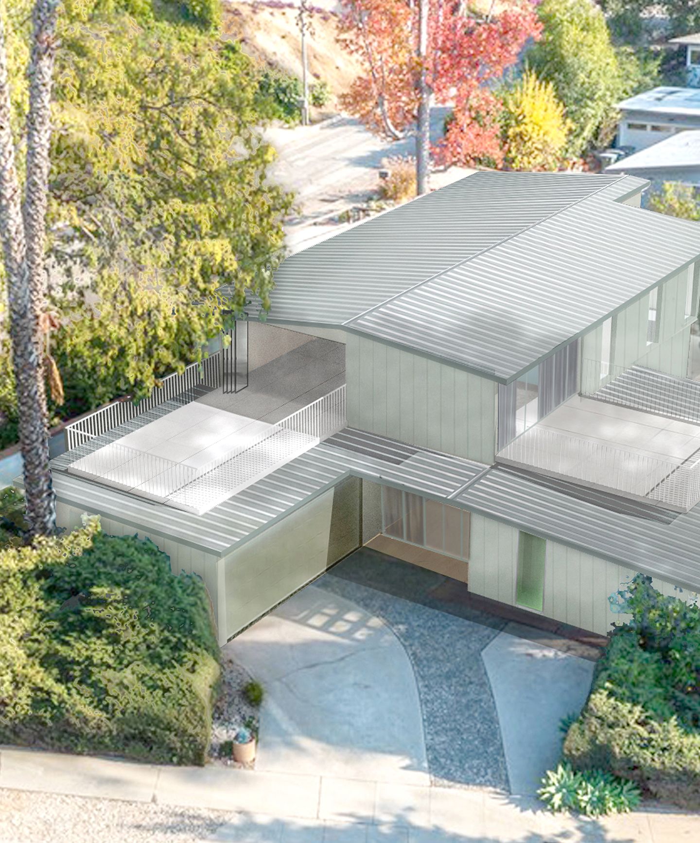 an aerial view of a house with a white roof