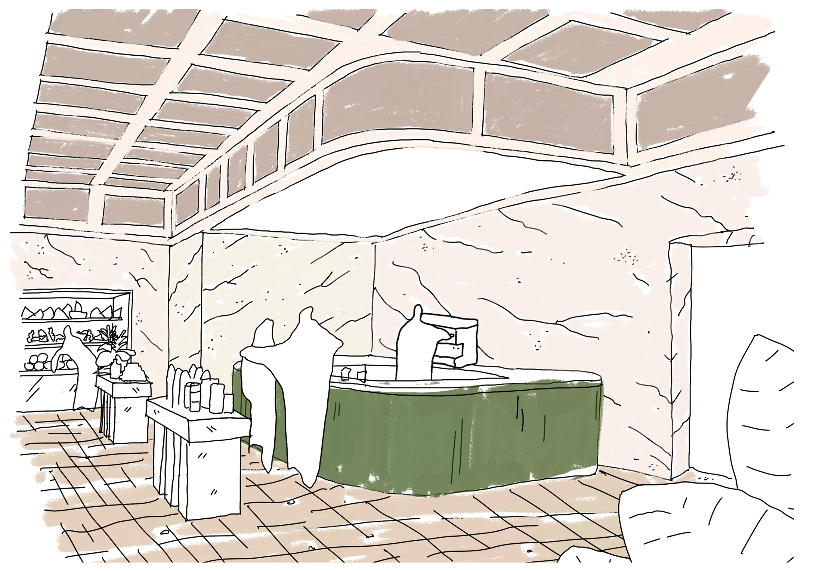 A line drawing of a store interior with a curved green counter, product displays, and abstract white figures.