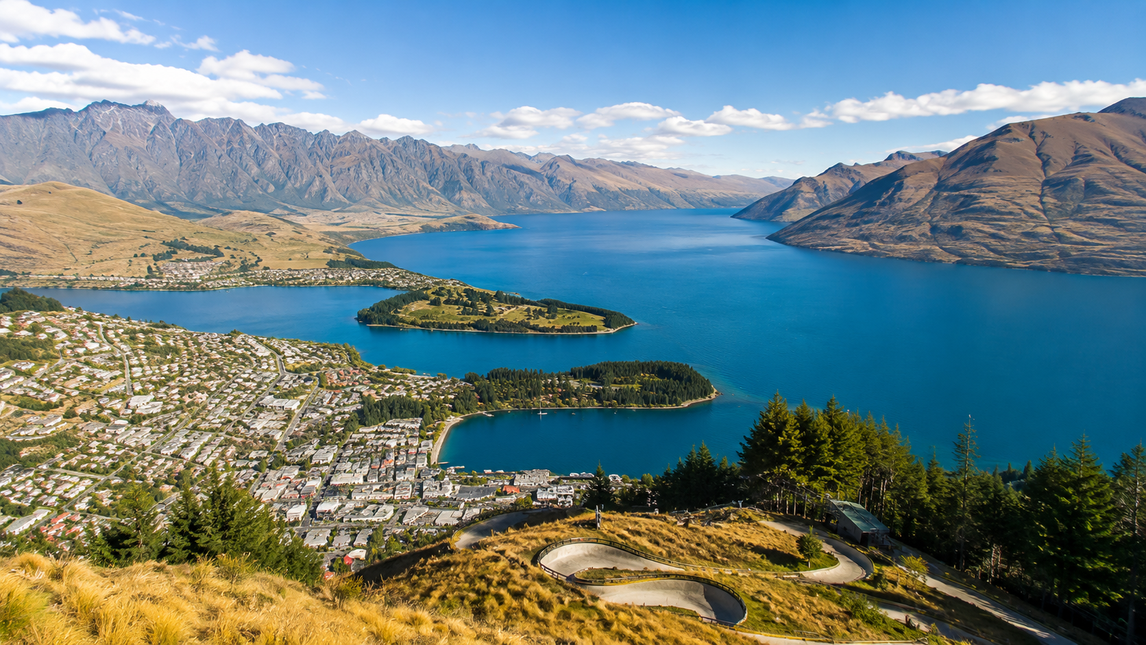 Lakeside town below mountains, seen from above