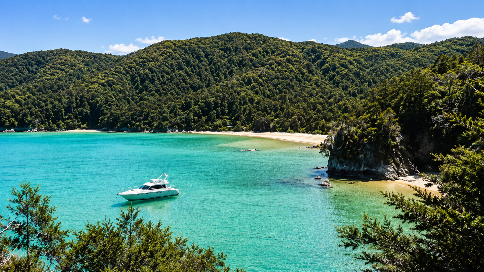Turquoise bay with a boat anchored off a forested beach