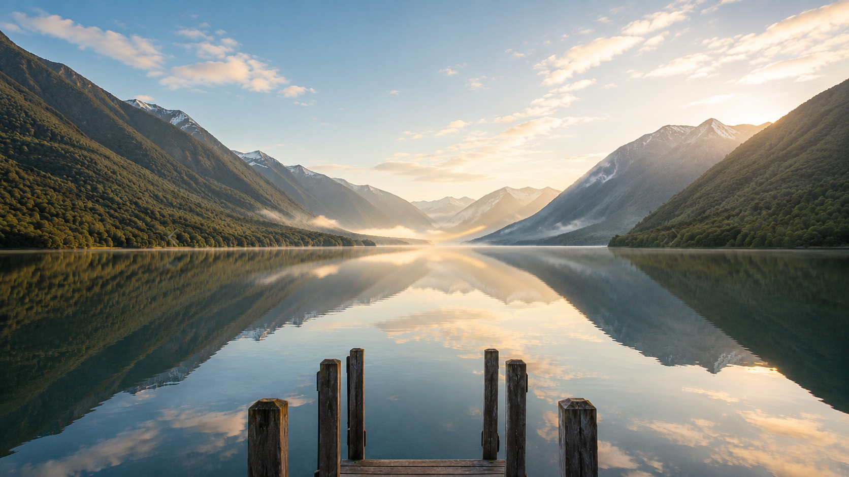 Calm mountain lake with a wooden jetty at sunrise