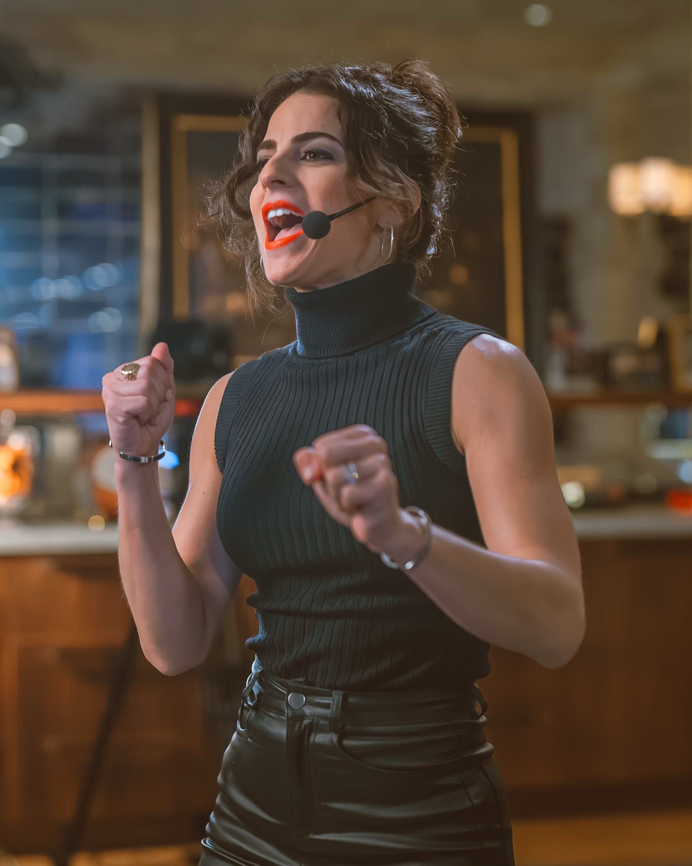 Renée on a broadcast set with run of show