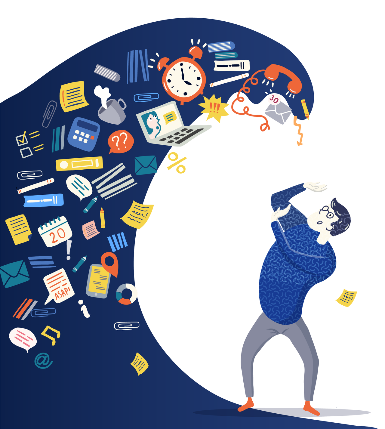 Illustration of an overwhelmed man bombarded by a wave of work icons — clocks, phones, emails, and deadline notes.