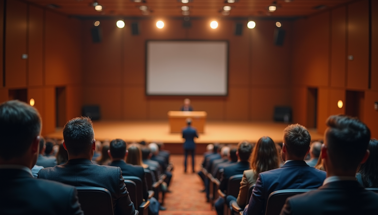 Audience seated in a conference hall watching a speaker approach the podium in front of a blank projector screen.