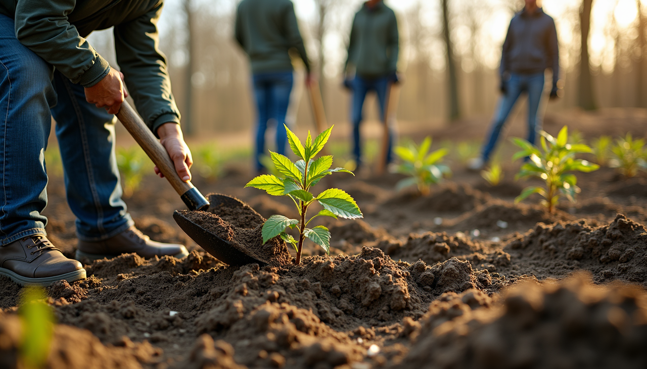 Team volunteering together outdoors planting trees