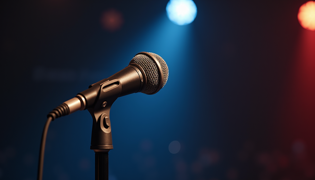 Close-up of a stage microphone on a stand, lit by blue and red stage lights.