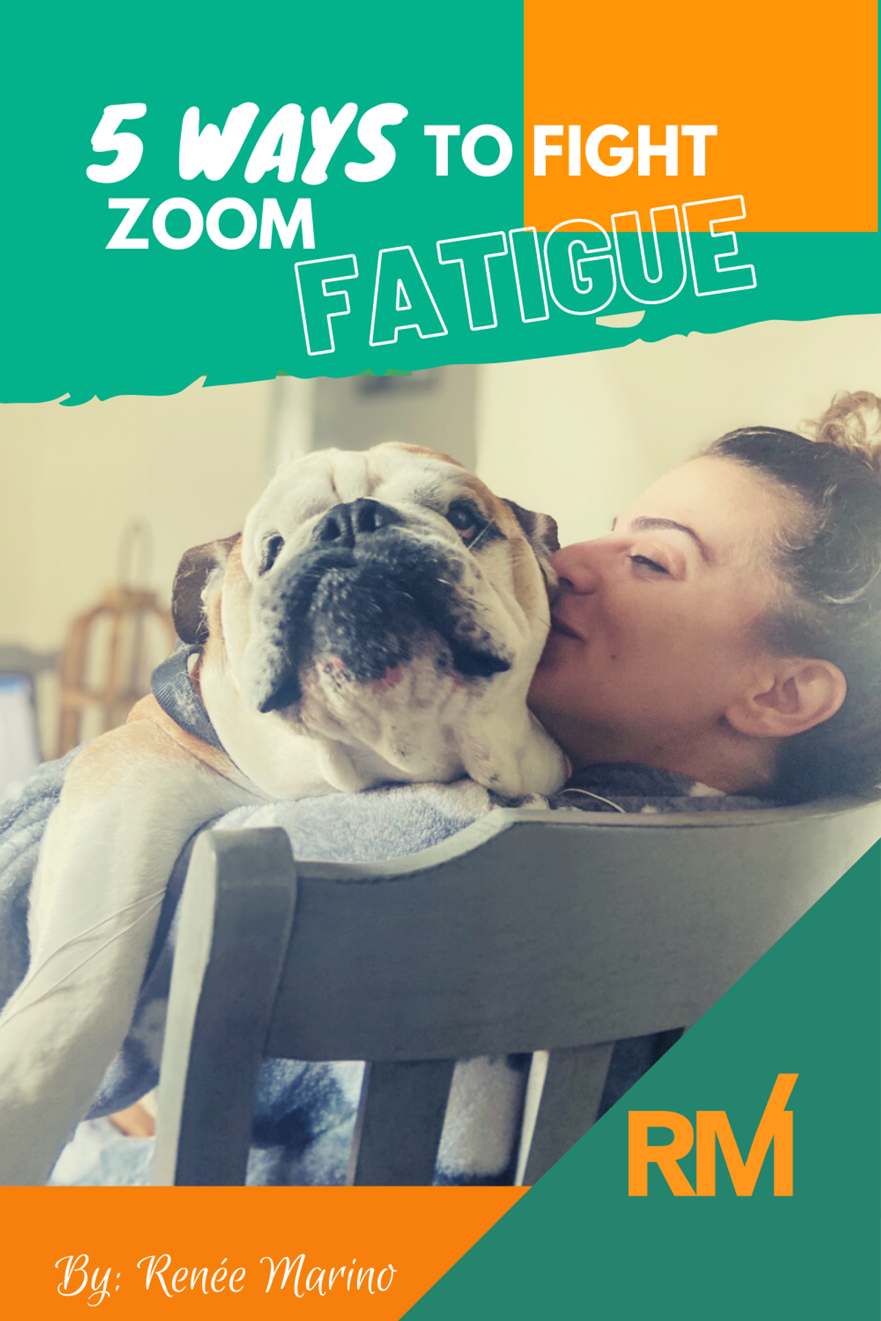 Blog title graphic: a woman relaxing with her bulldog on a chair.