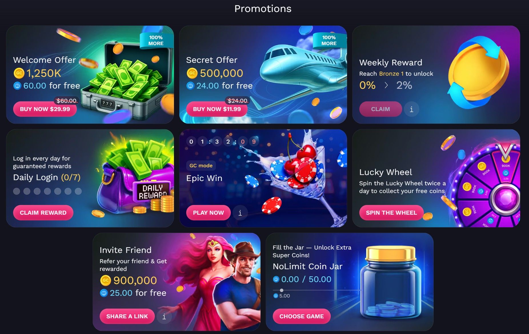 A screenshot of the promotions page of NoLimitCoins