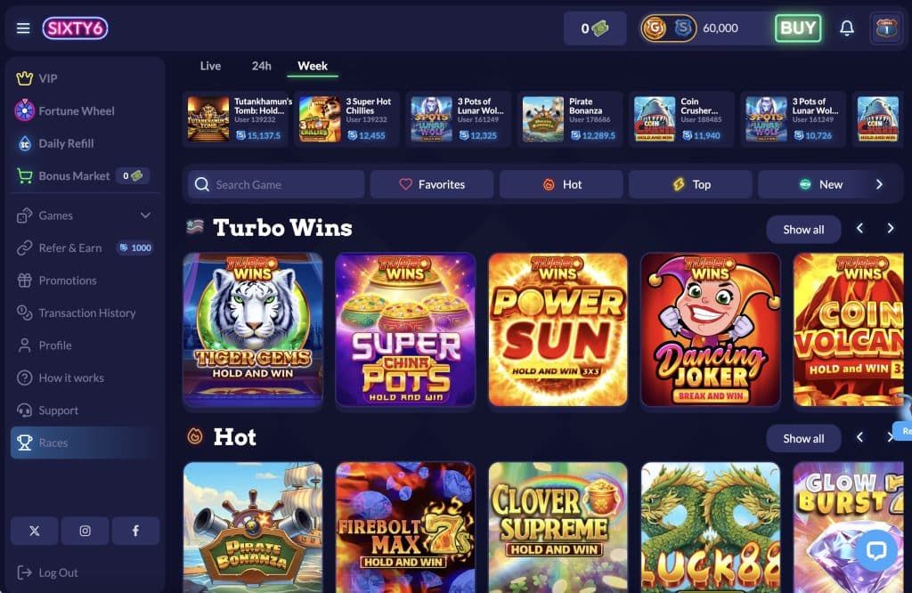 A screenshot fo the Sixty6 Casino lobby