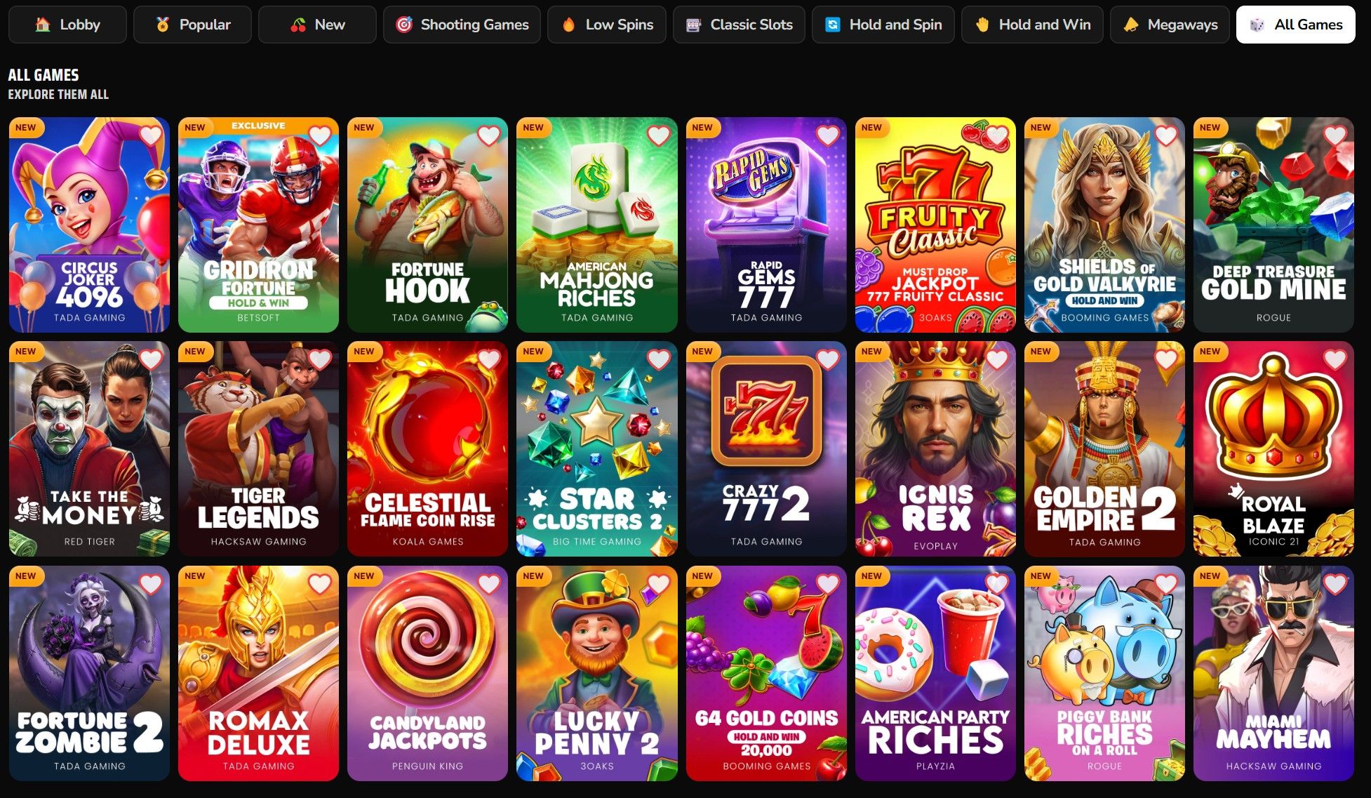 A screenshot showing the list of games available on Rolla