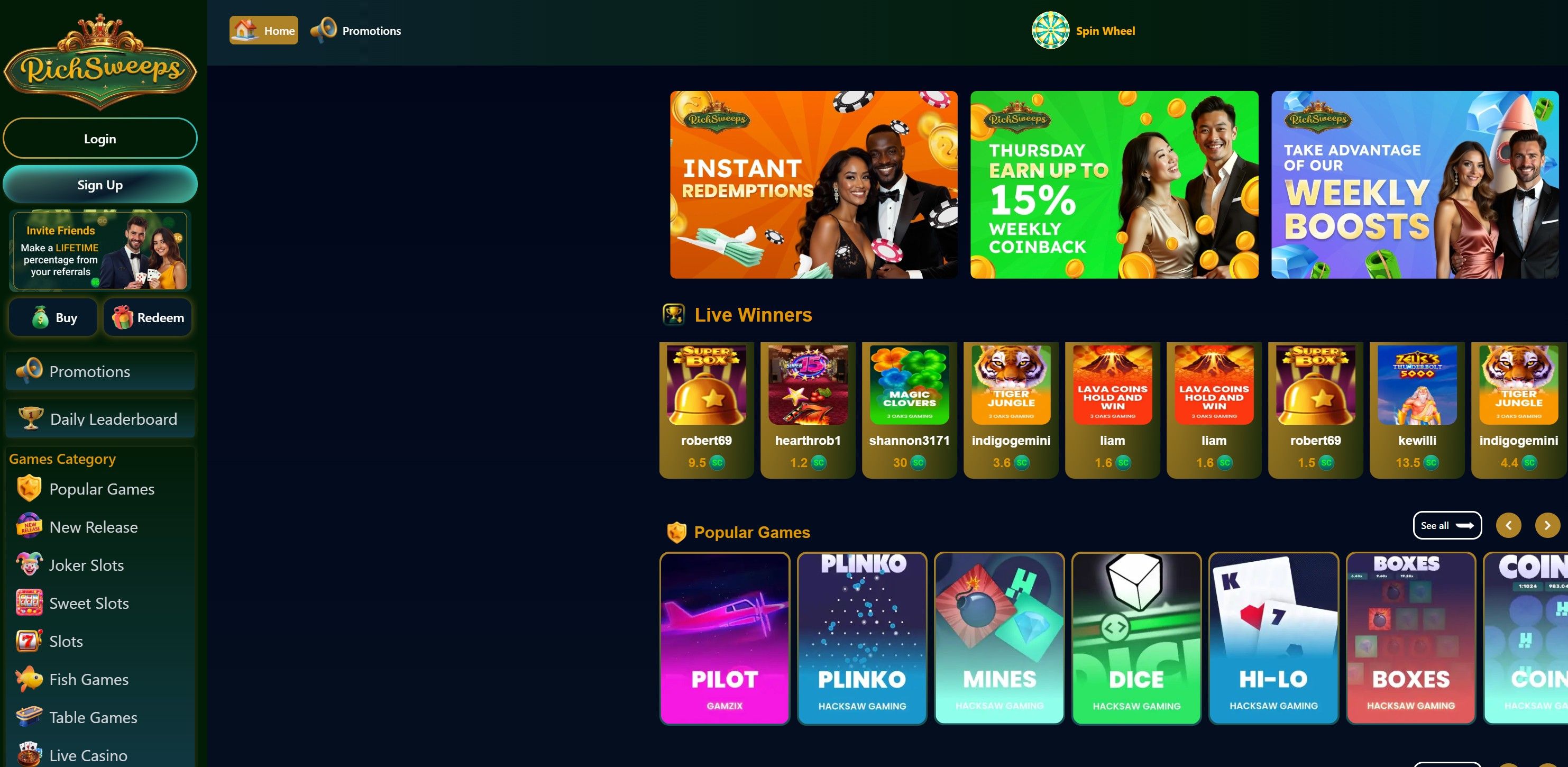 A screenshot showing the Rich Sweeps lobby