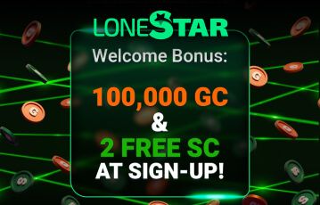 A screenshot showing LoneStar Casino's welcome offer of 100,000 GC + 2 Free SC