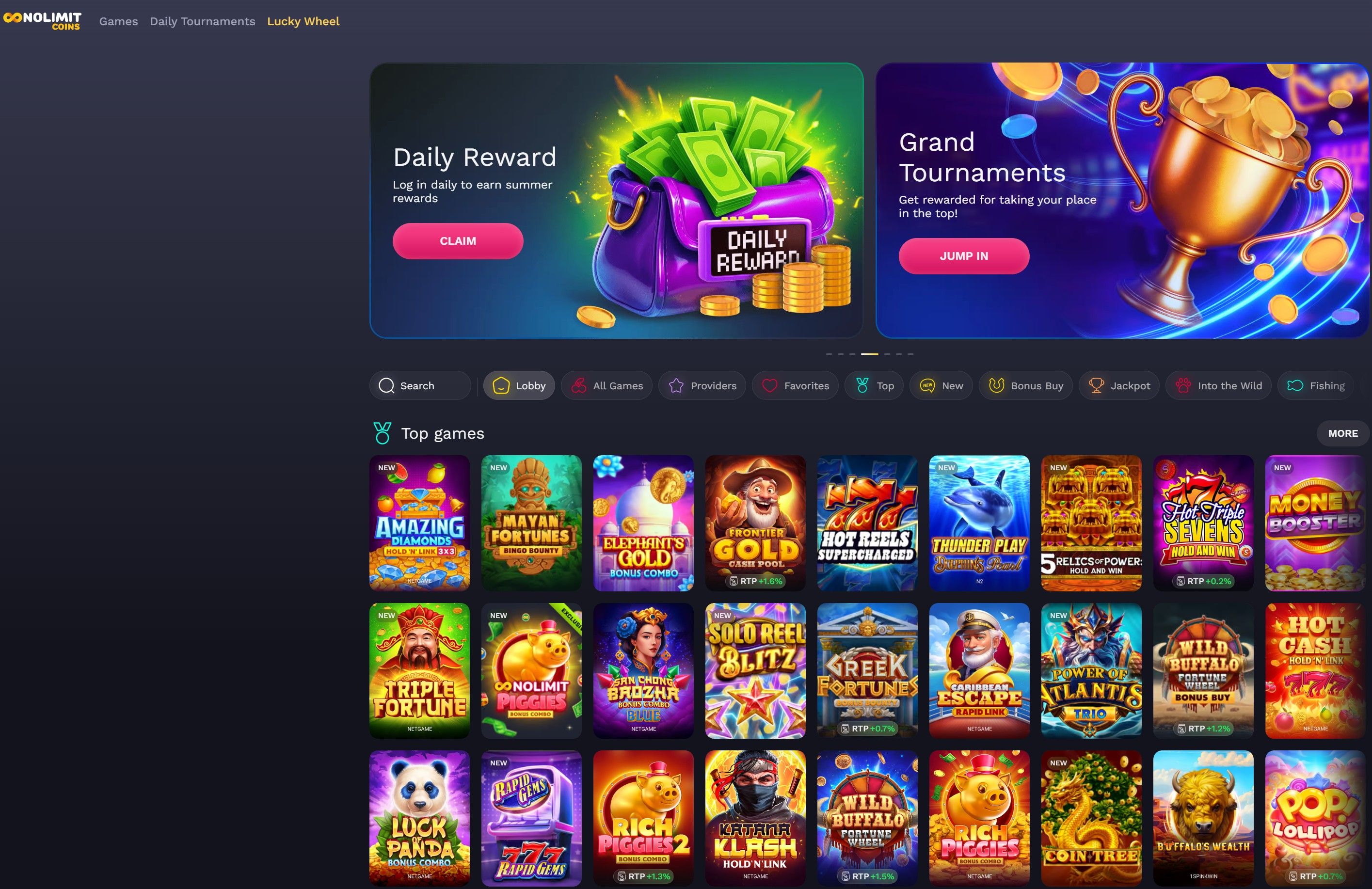A screenshot of the NoLimitCoins lobby and its available games