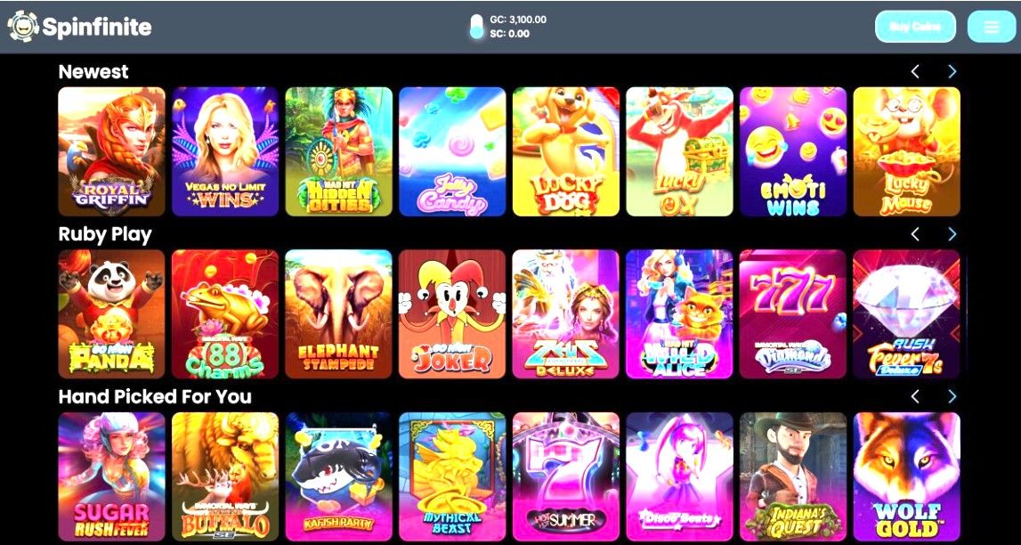 A screenshot of the Spinfinite lobby