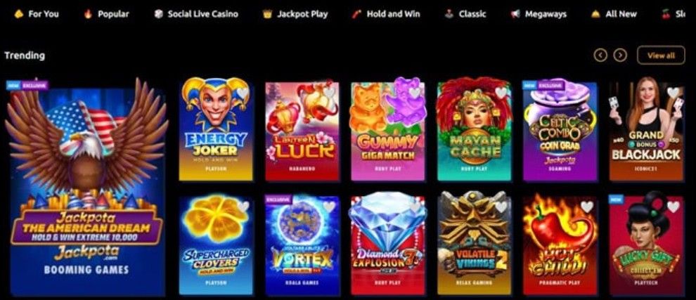 A screenshot showing the games available on Jackpota