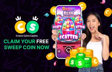 An image showing a lady holding a mobile phone in her hand with Sugar Rush. Next to it the text "Claim you free Sweep Coin now"