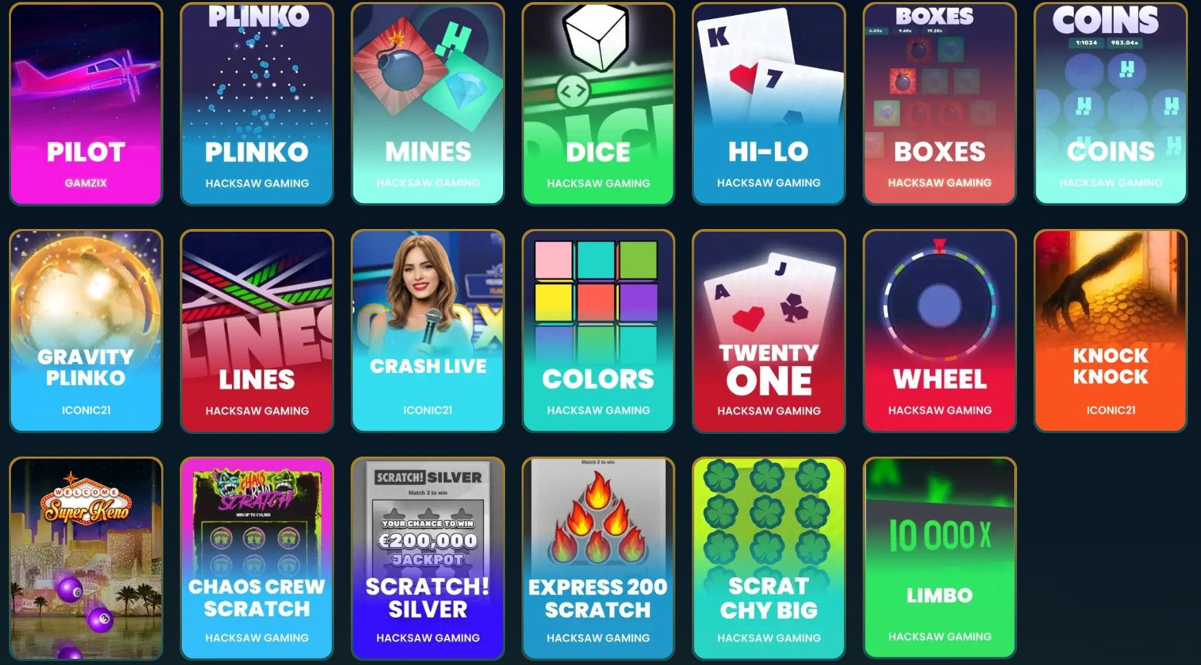 A screenshot showing a list of games categories on Rich Sweeps