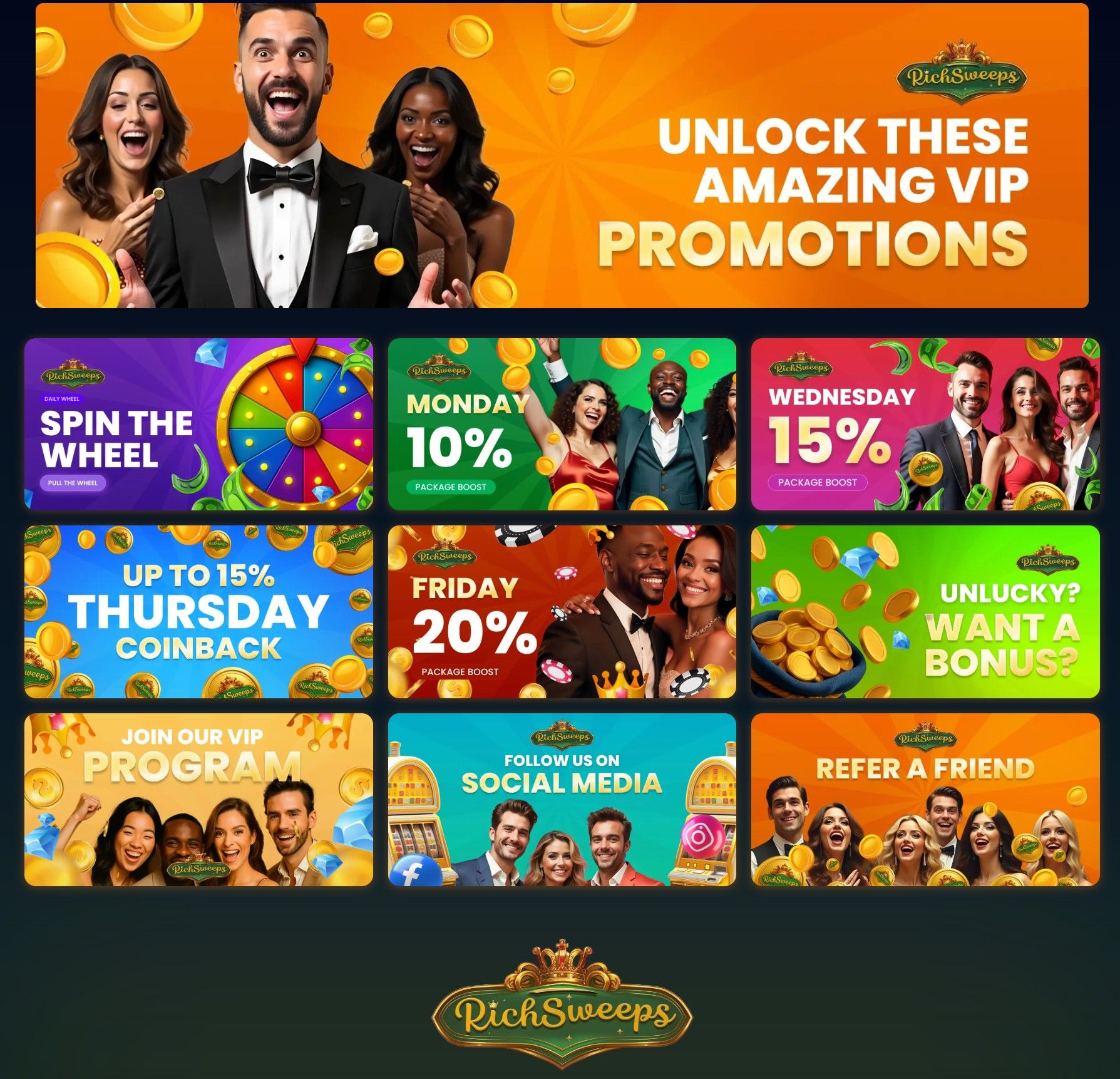 A list of onsite promotions on Rich Sweeps