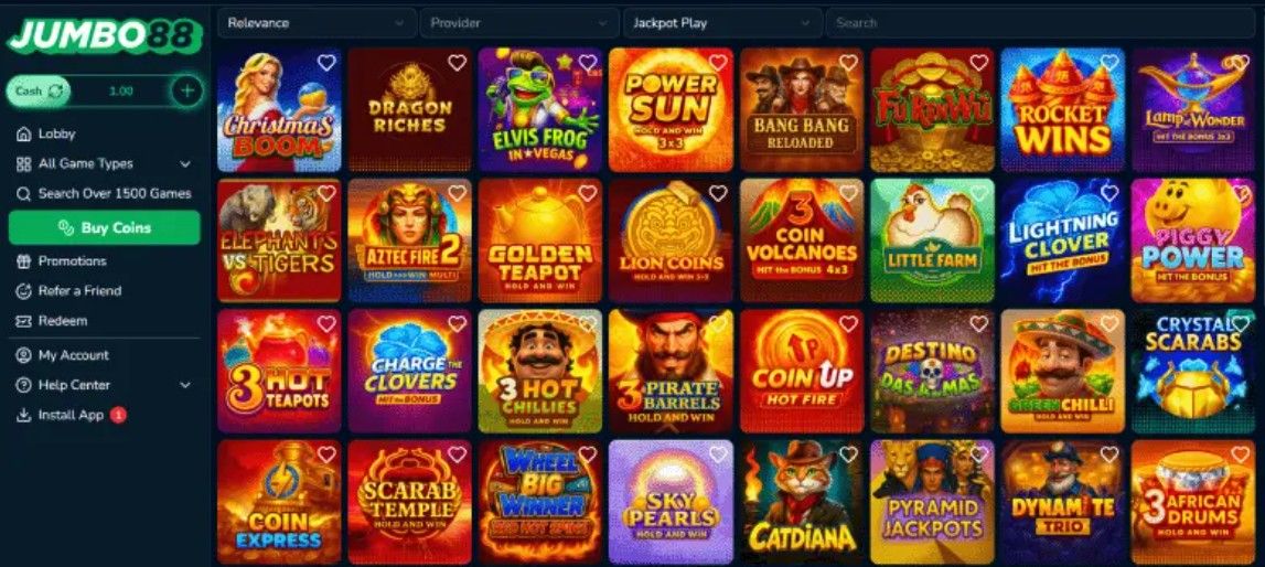 A screenshot of the Jumbo88 lobby, showing a lsit of available games
