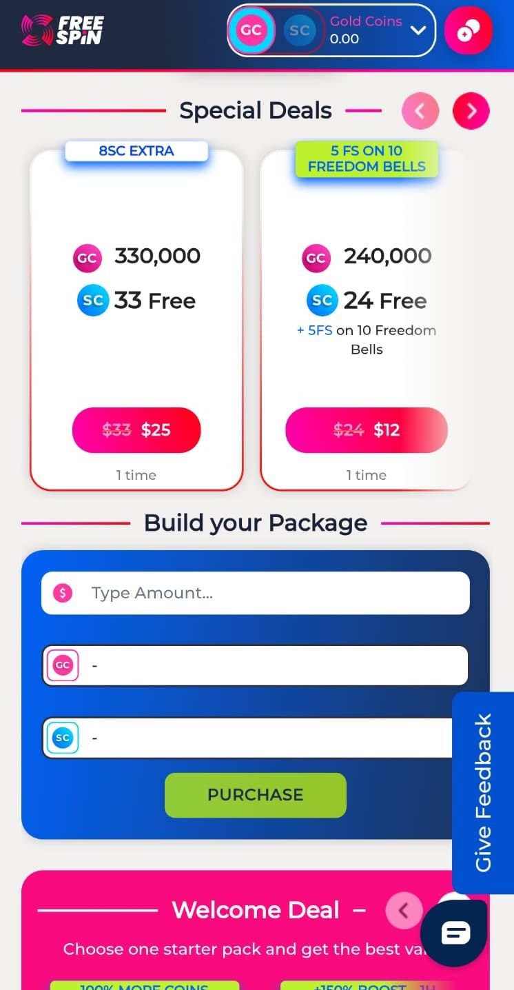 The first purchase package offers at Free Spin Social Casino