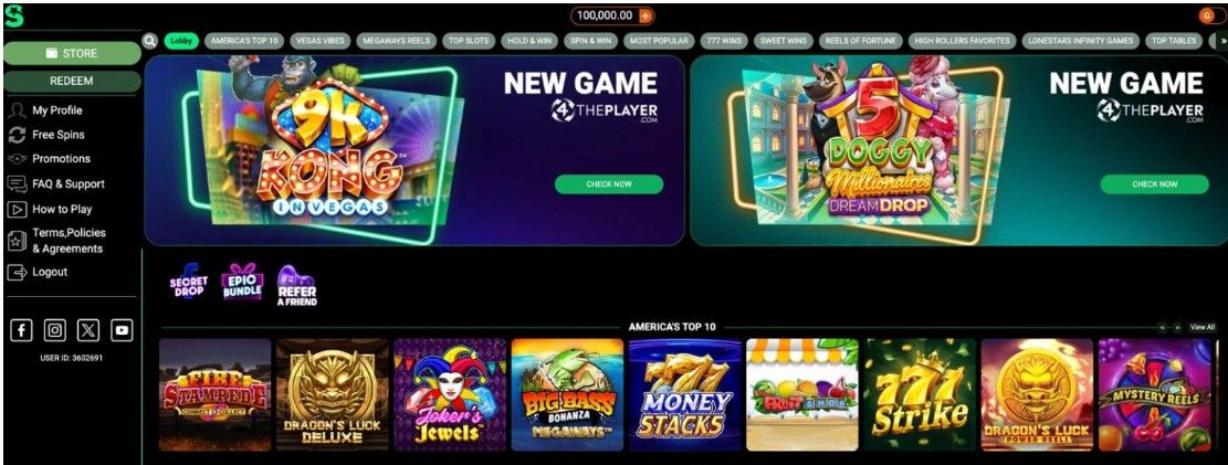 A screenshot of the LoneStar Casino lobby