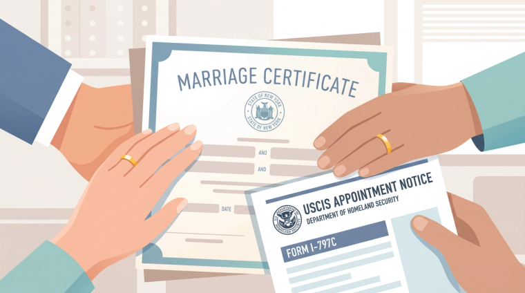 Couple Holding Marriage Certificate and I-485 Interview Notice | Immiva A couple’s hands holding a marriage certificate and a USCIS I-797C appointment notice for their I-485 interview