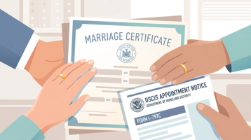 Couple Holding Marriage Certificate and I-485 Interview Notice | Immiva A couple’s hands holding a marriage certificate and a USCIS I-797C appointment notice for their I-485 interview