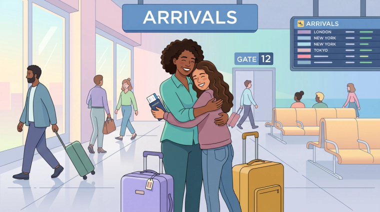 I-130 Stepchild Reunification at Airport Arrival | Immiva Parent reuniting with stepchild at airport after I-130 approval, symbolizing successful family-based petition for stepchildren and adopted children