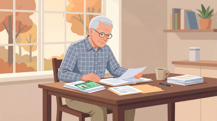 Elderly Man Reviewing N-400 Naturalization Documents with Green Card | Immiva Senior Caucasian man with glasses reviewing naturalization paperwork and a green card at a kitchen table, illustrating N-400 age exemptions for seniors