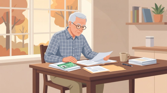 Senior Caucasian man with glasses reviewing naturalization paperwork and a green card at a kitchen table, illustrating N-400 age exemptions for seniors